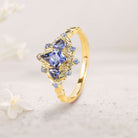 Unique floral engagement rings Kite Lab Sapphire 18K Yellow Gold Engagement Ring Leaf Flower Wedding Ring