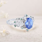 Unique Starlight Oval Lab Sapphire 18K White Gold Engagement Ring