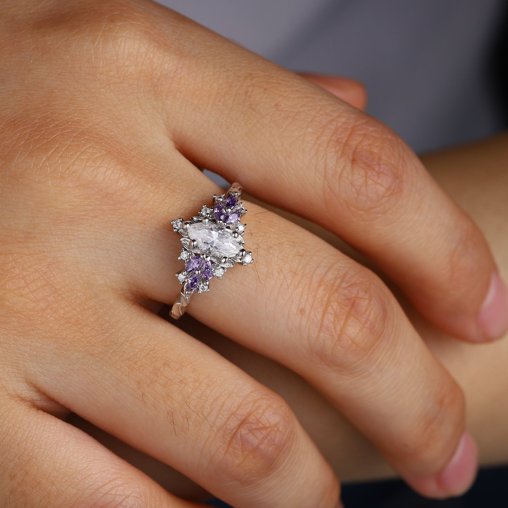 Starlight Marquise Moissanite and Lab Tanzanite Engagement Ring - Oore Jewelry
