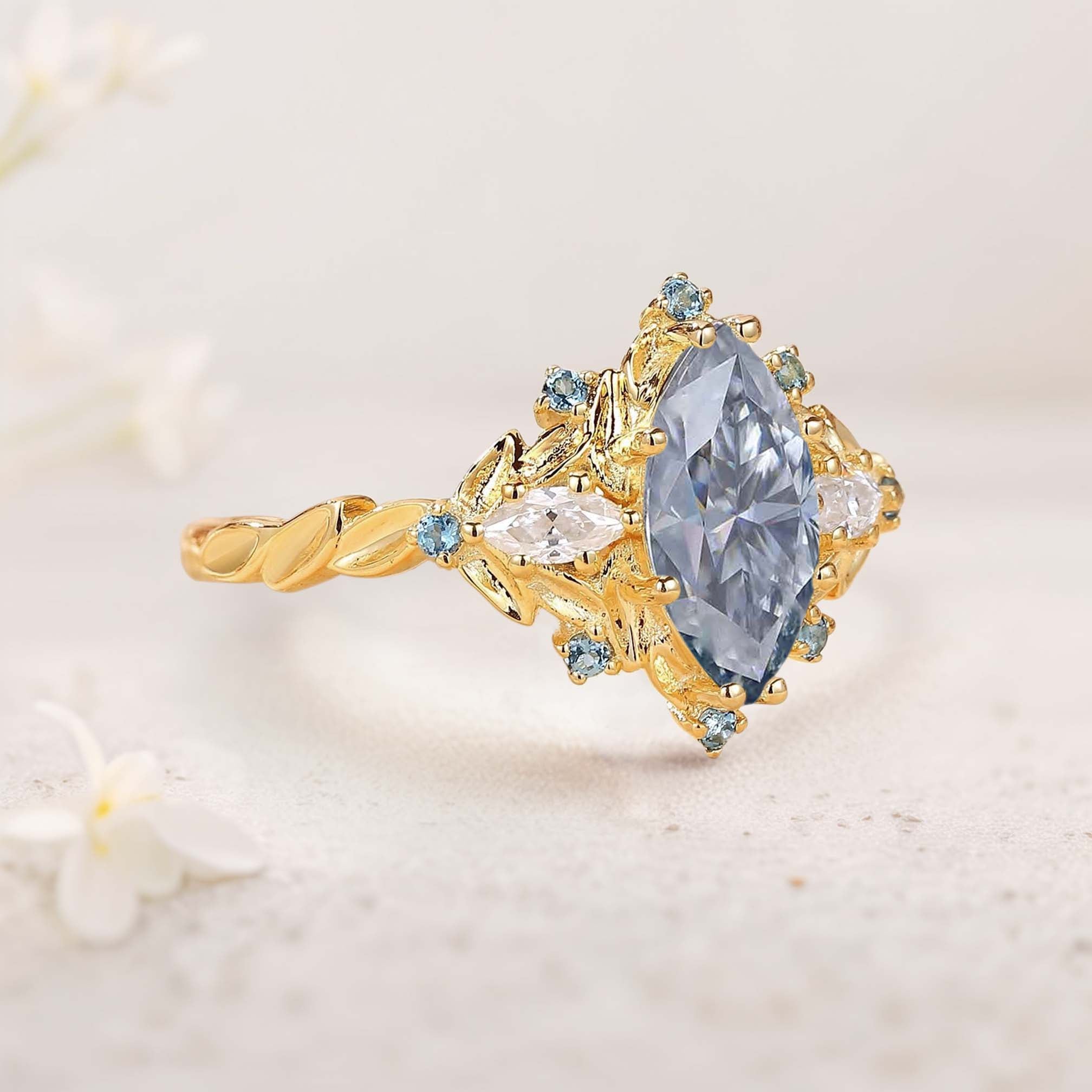 Unique Marquise Gray Moissanite Ring Alexandrite 18K Yellow Gold Wedding Ring