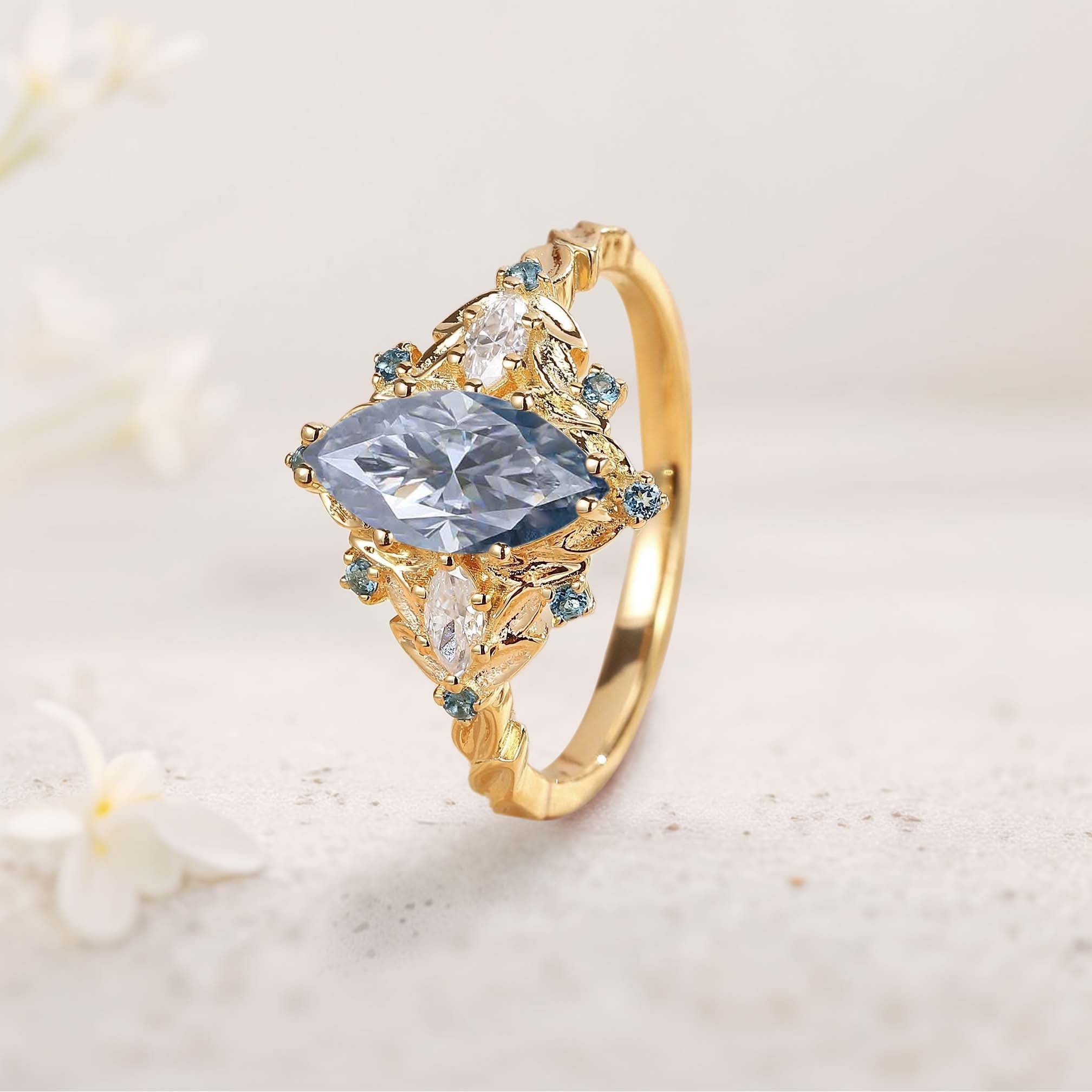 Unique Marquise Gray Moissanite Ring Alexandrite 18K Yellow Gold Wedding Ring