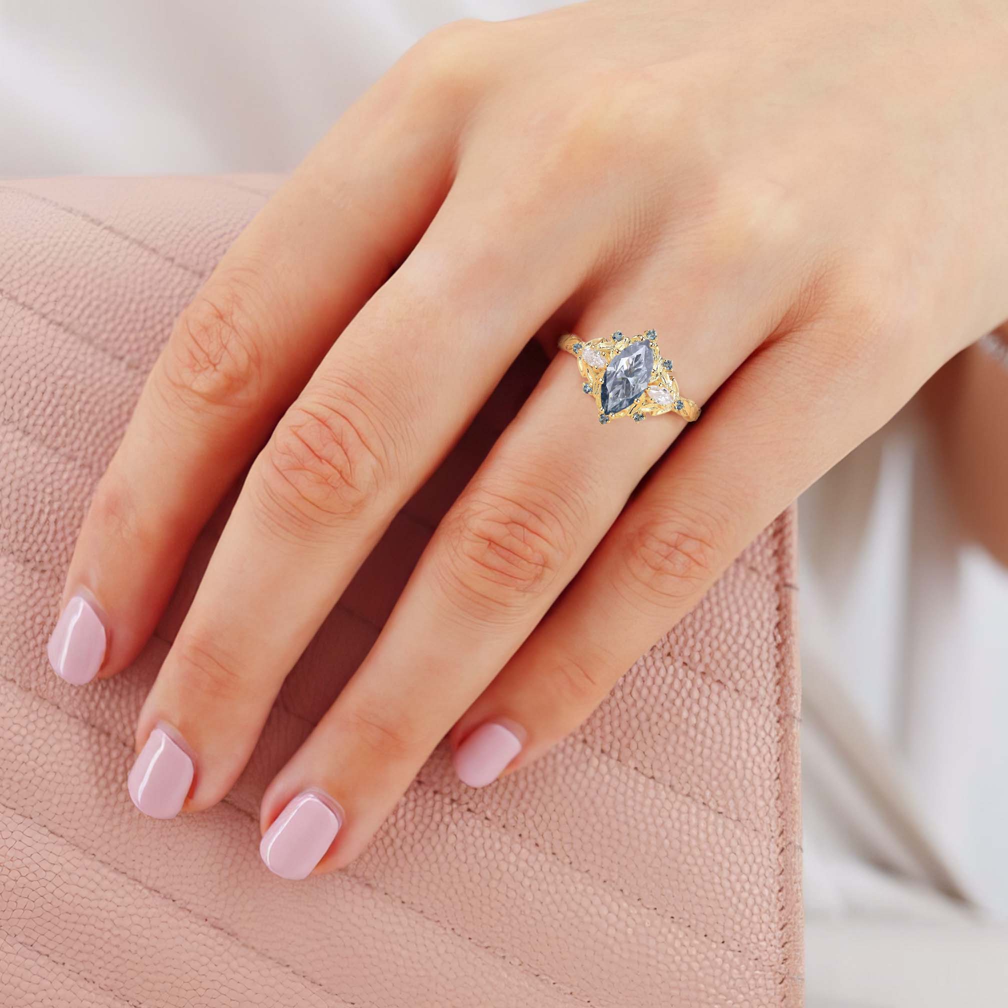 Unique Marquise Gray Moissanite Ring Alexandrite 18K Yellow Gold Wedding Ring