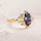 Unique Marquise Lab Alexandrite Ring Art Deco Round Alexandrite Halo 18K Yellow Gold Wedding Ring