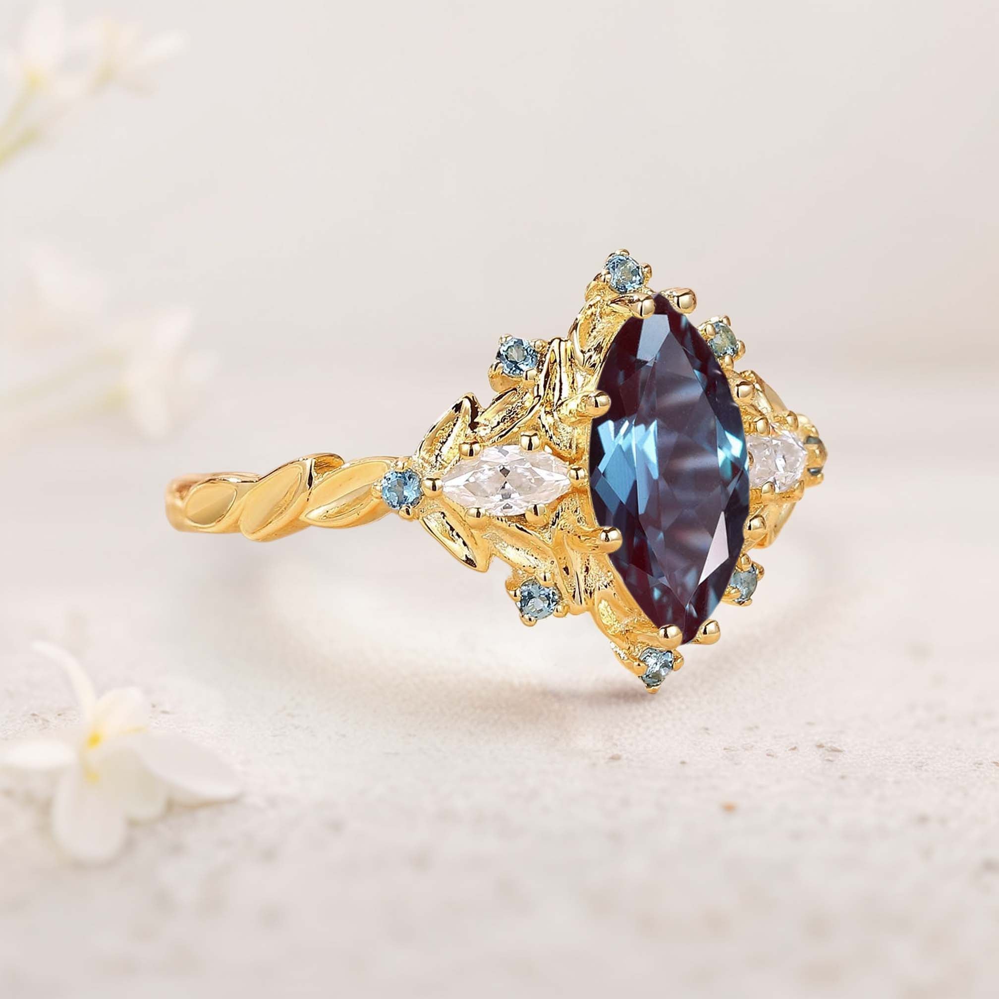 Unique Marquise Lab Alexandrite Ring Art Deco Round Alexandrite Halo 18K Yellow Gold Wedding Ring