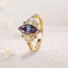 Unique Marquise Lab Alexandrite Ring Art Deco Round Alexandrite Halo 18K Yellow Gold Wedding Ring