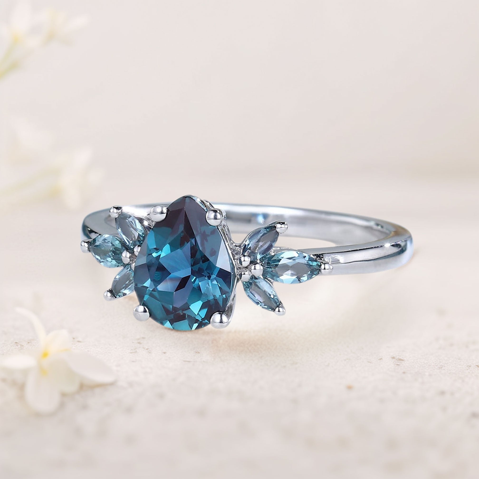Unique Pear Lab Alexandrite 18K White Gold Engagement Ring with Petal Accents