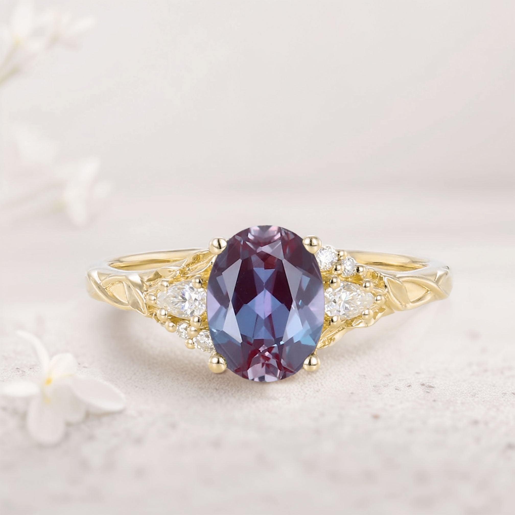 Unique Oval Lab Alexandrite and Moissanite 18K Yellow Gold Wedding Ring