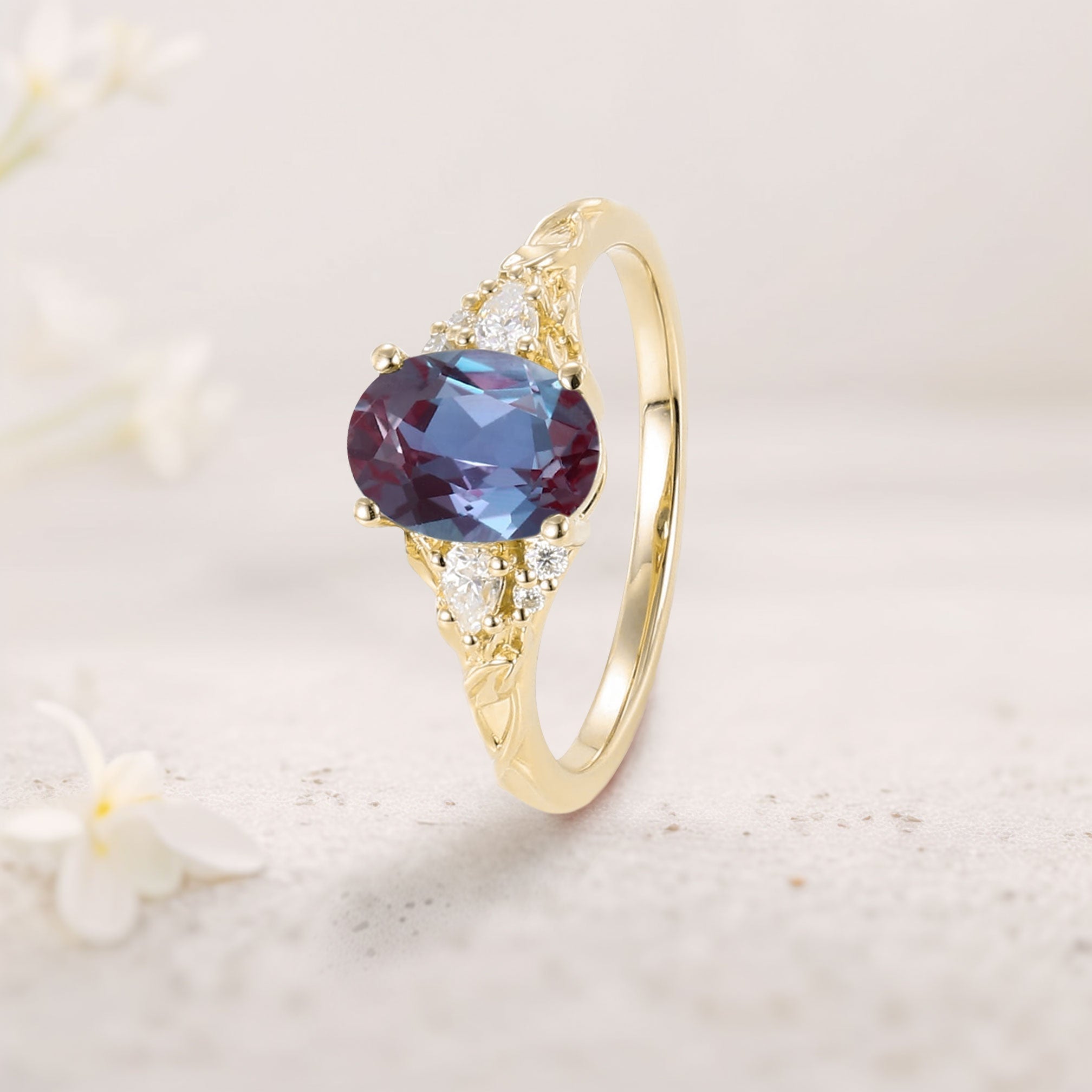Unique Oval Lab Alexandrite and Moissanite 18K Yellow Gold Wedding Ring