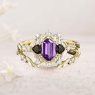 Unique floral engagement rings Long Hexagon Amethyst Leaf 18K Yellow Gold Engagement Ring Wedding Ring Set