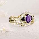 Unique floral engagement rings Long Hexagon Amethyst Leaf 18K Yellow Gold Engagement Ring Wedding Ring Set