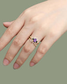 Unique floral engagement rings Long Hexagon Amethyst Leaf 18K Yellow Gold Engagement Ring Wedding Ring Set