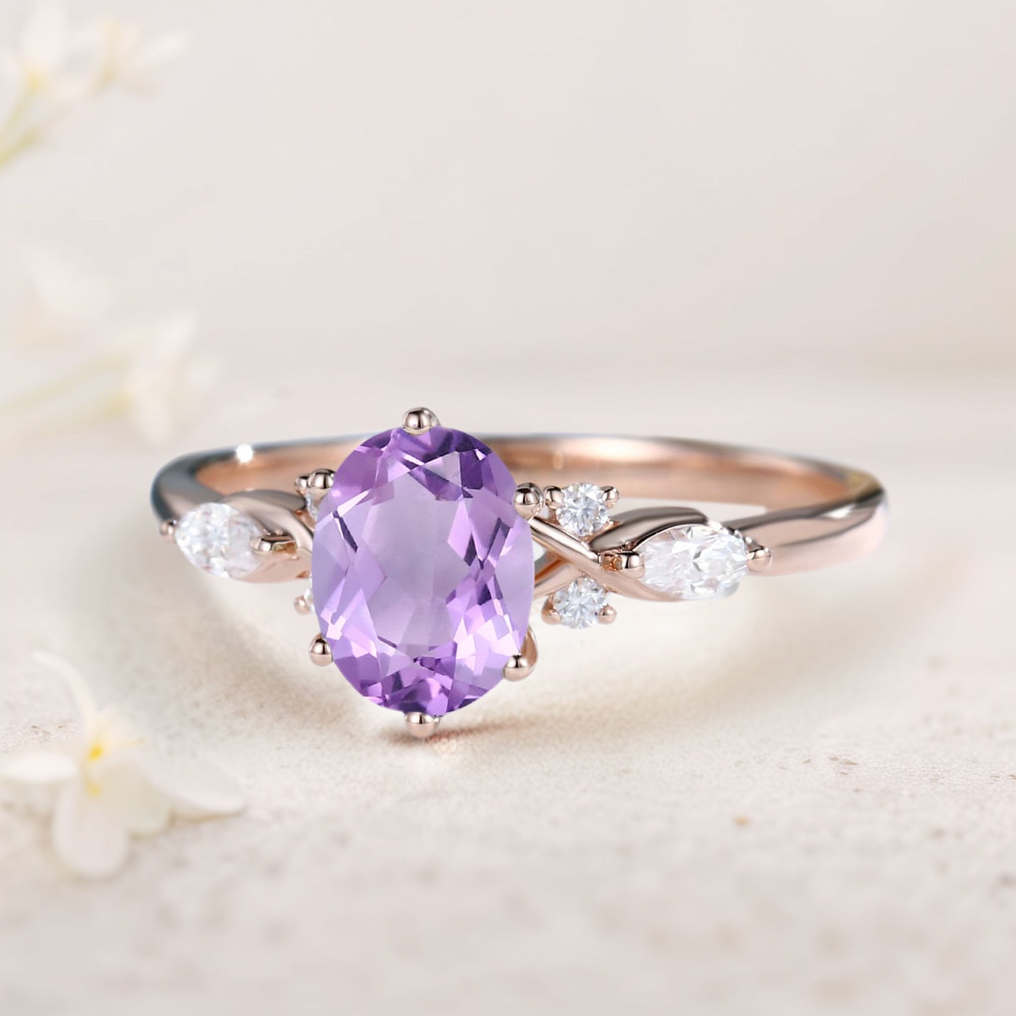 Vintage Oval Amethyst and Moissanite 18K Rose Gold Engagement Ring