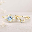Unique floral engagement rings Round Lab Aquamarine Leaf 18K Yellow Gold Engagement Ring Set