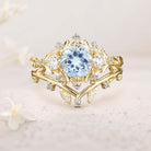 Unique floral engagement rings Round Lab Aquamarine Leaf 18K Yellow Gold Engagement Ring Set