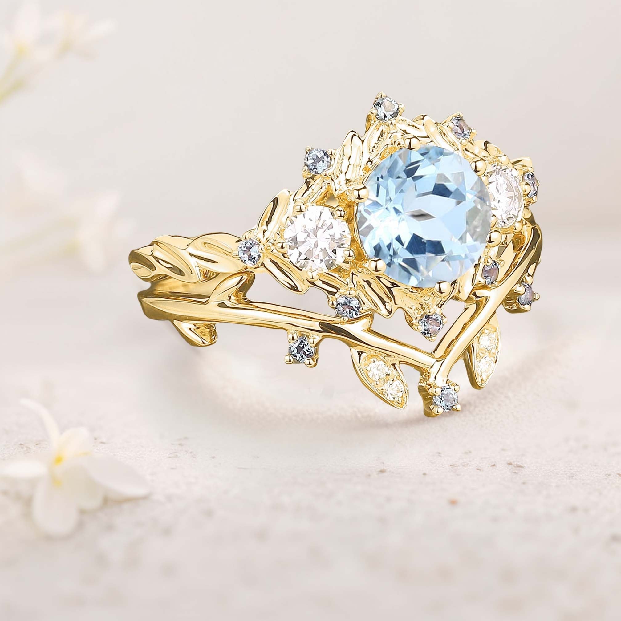 Unique floral engagement rings Round Lab Aquamarine Leaf 18K Yellow Gold Engagement Ring Set