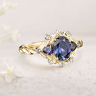 Unique floral engagement rings Oval Blue Lab Sapphire Cluster 18K Yellow Gold Wedding Ring Fairy Engagement Ring