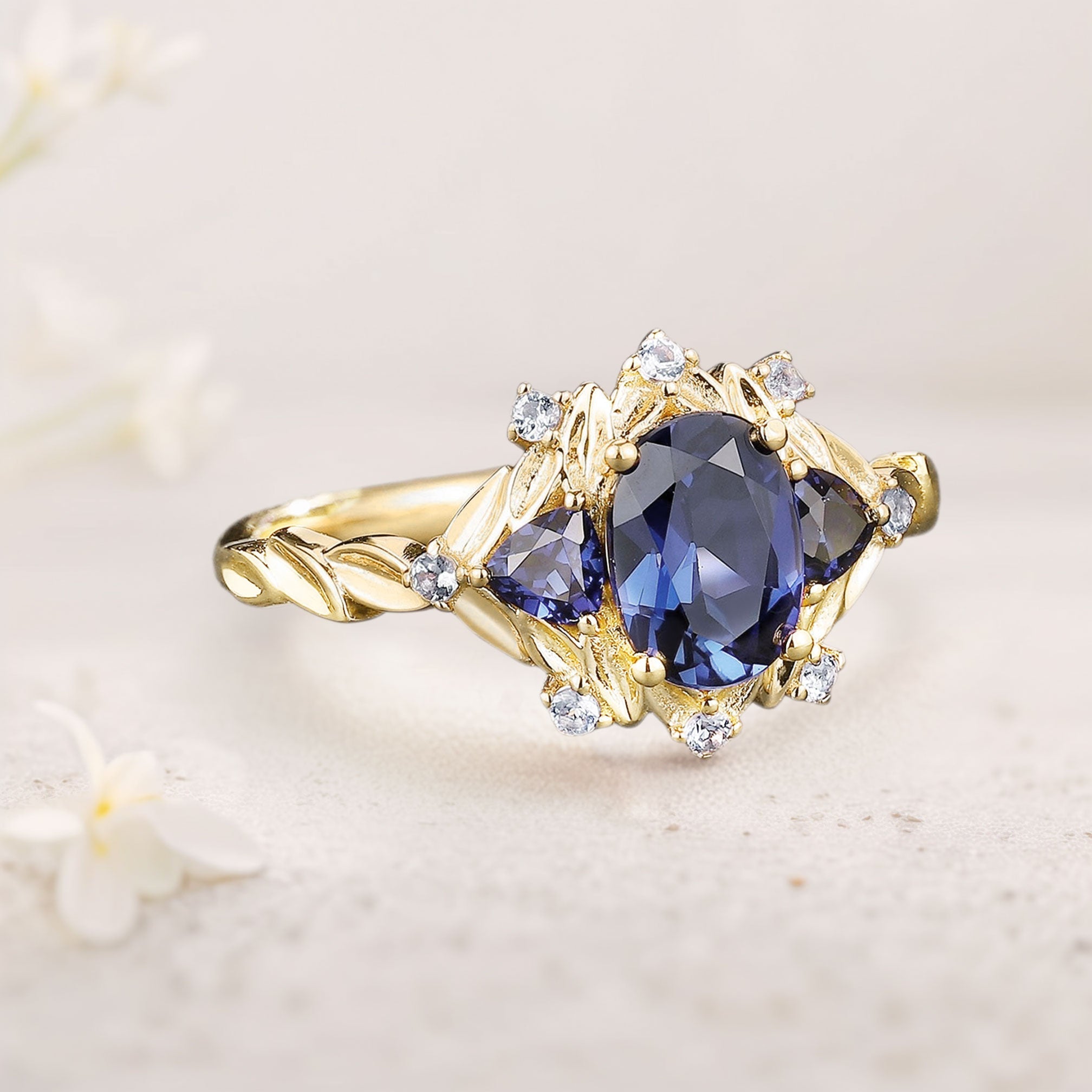 Unique floral engagement rings Oval Blue Lab Sapphire Cluster 18K Yellow Gold Wedding Ring Fairy Engagement Ring