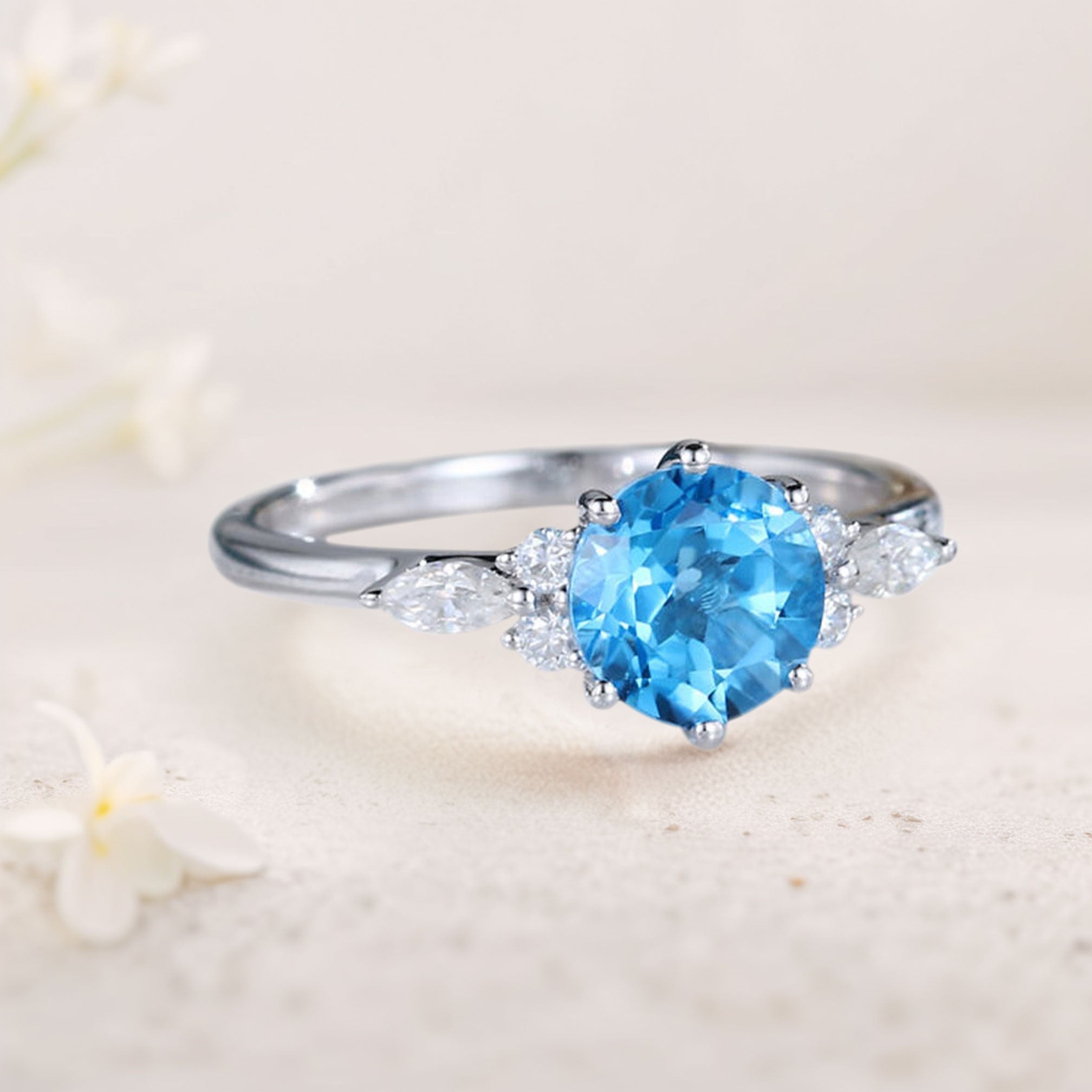 Unique Round Blue Lab Topaz 18K White Gold Engagement Rings Cluster Promise Ring