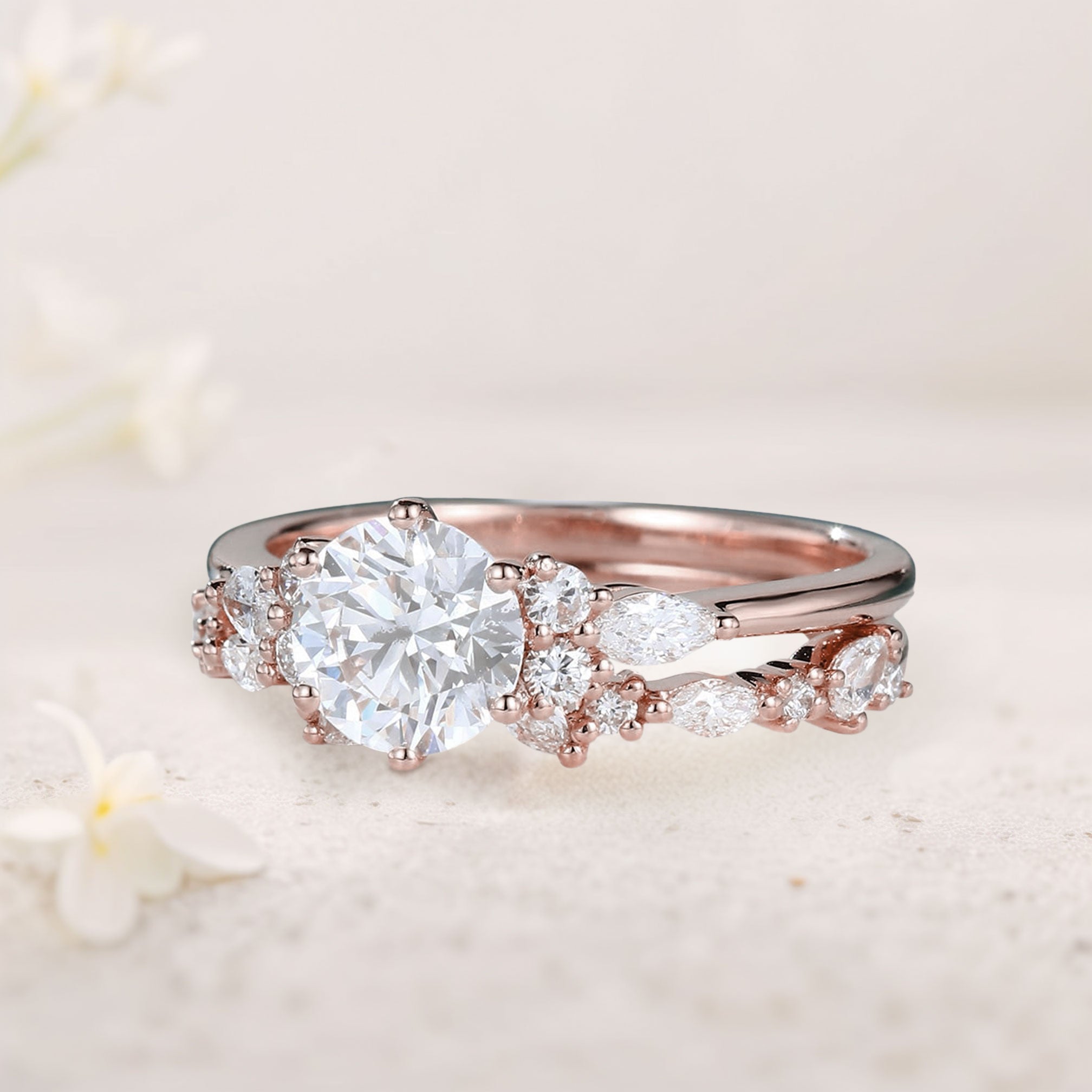 Unique Round Forever One Moissanite Bridal Ring Set Cluster 18K Rose Gold Engagement Ring