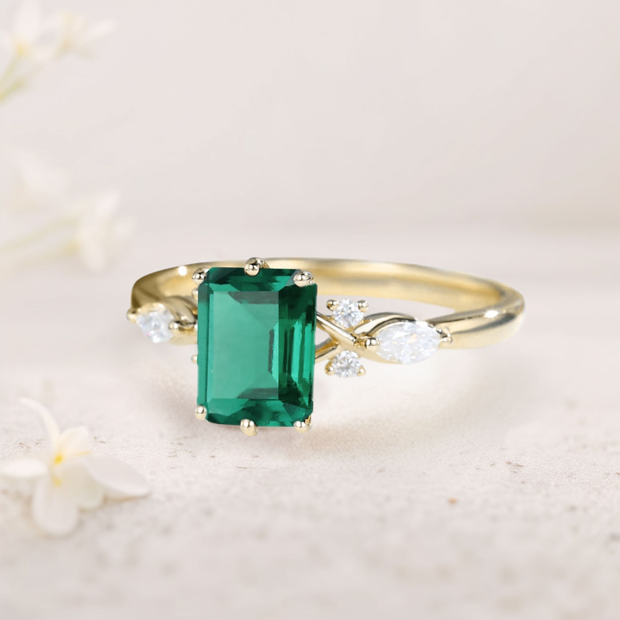 Vintage Twist Lab Emerald 18K Yellow Gold Engagement Ring 