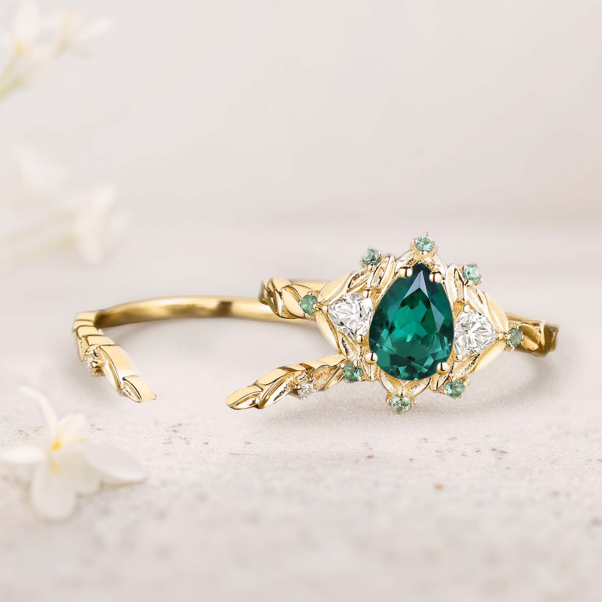Unique Pear Lab Emerald Engagement Ring Set Leaf 18K Yellow Gold Wedding Ring Set