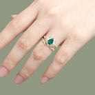 Unique Pear Lab Emerald Engagement Ring Set Leaf 18K Yellow Gold Wedding Ring Set