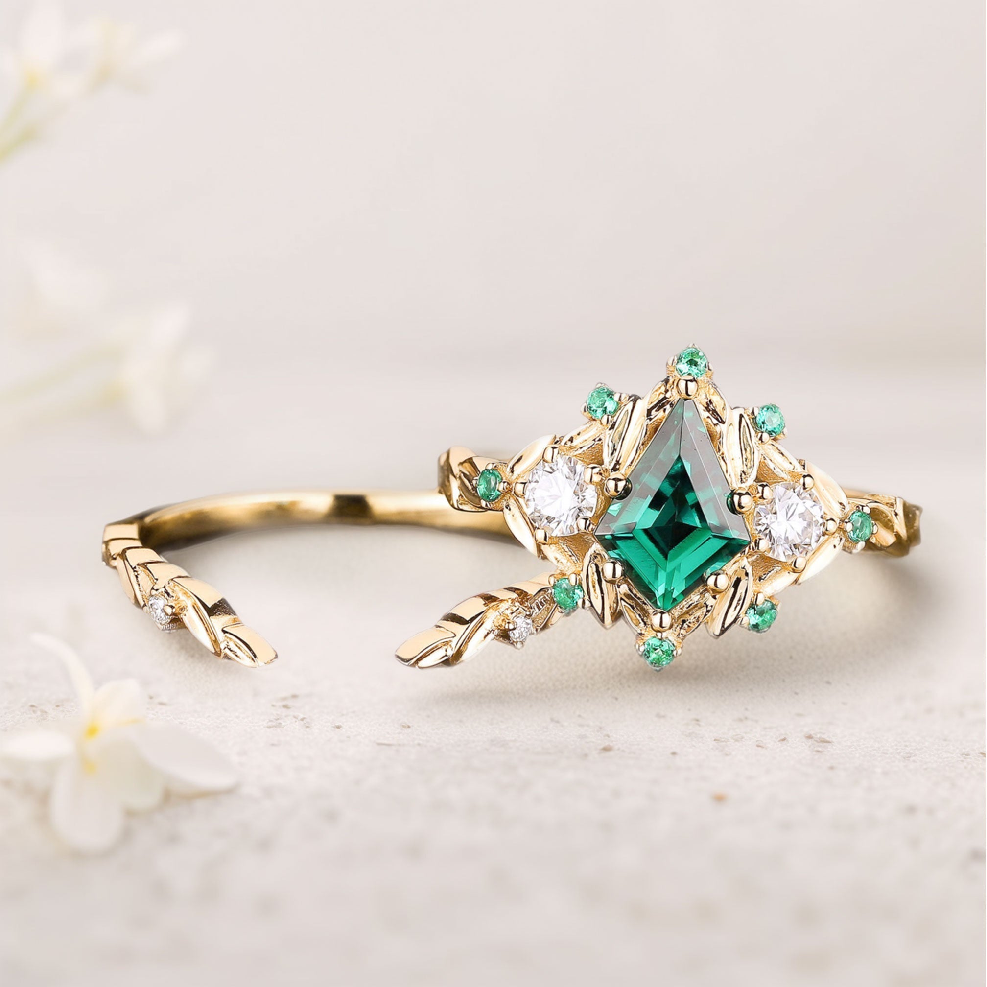 Unique floral engagement rings Kite Lab  Emerald Engagement ring set leaf Emerald 18K Yellow Gold Wedding ring set