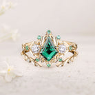 Unique floral engagement rings Kite Lab  Emerald Engagement ring set leaf Emerald 18K Yellow Gold Wedding ring set