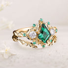 Unique floral engagement rings Kite Lab  Emerald Engagement ring set leaf Emerald 18K Yellow Gold Wedding ring set