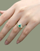 Unique floral engagement rings Kite Lab  Emerald Engagement ring set leaf Emerald 18K Yellow Gold Wedding ring set