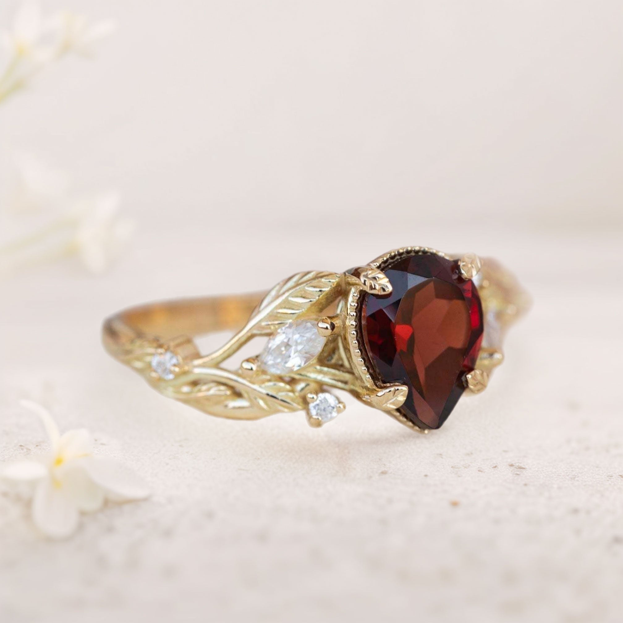 Unique floral engagement rings Pear Garnet 18K Yellow Gold Engagement Ring flower Ring
