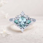 Vintage Briar Rose Oval Green Lab Sapphire and Teal Moissanite 18K White Gold Engagement Ring Filigree Ring