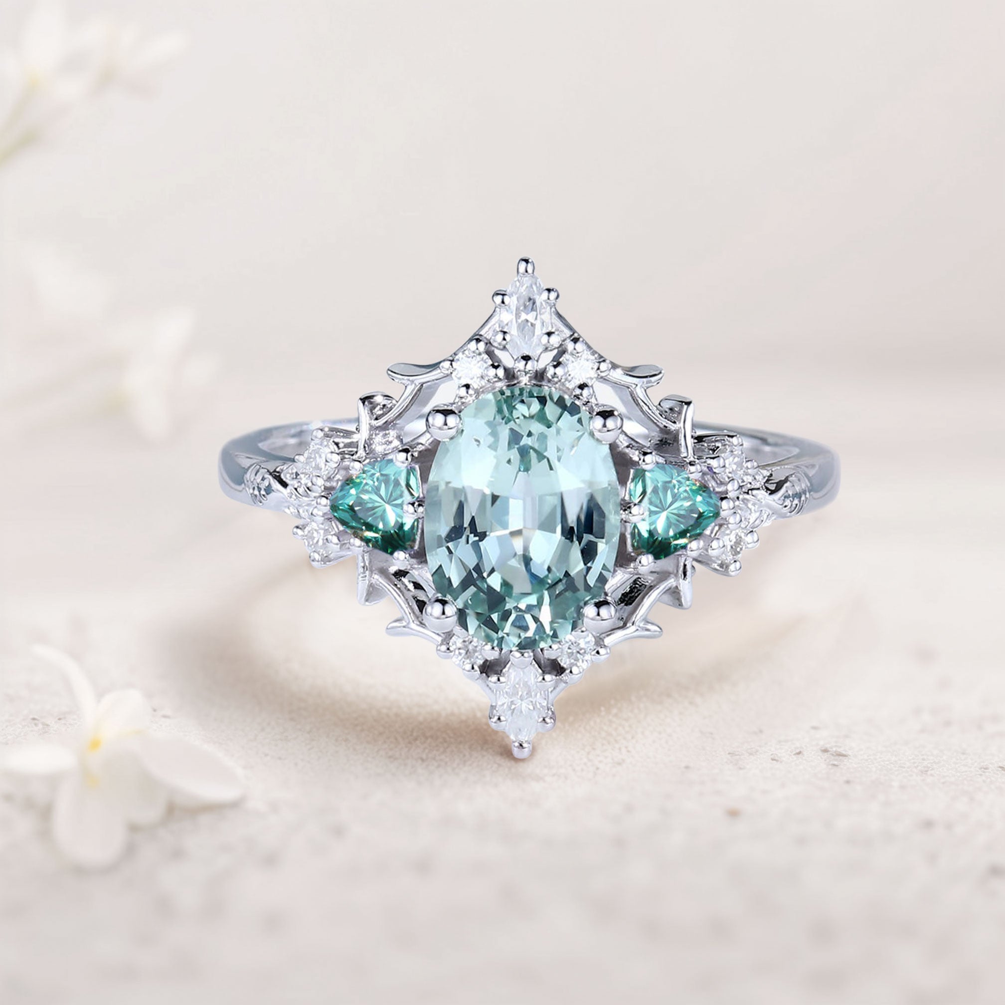 Vintage Briar Rose Oval Green Lab Sapphire and Teal Moissanite 18K White Gold Engagement Ring Filigree Ring
