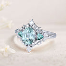 Vintage Briar Rose Oval Green Lab Sapphire and Teal Moissanite 18K White Gold Engagement Ring Filigree Ring