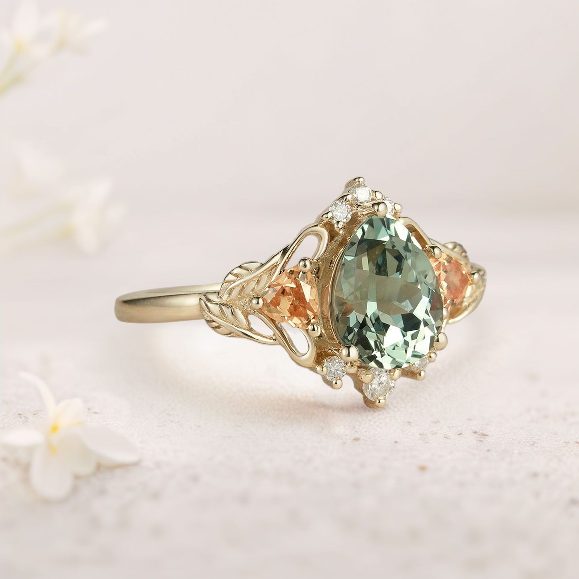 Vintage Pear Green Lab Sapphire Leaf 18K Yellow Gold Ring