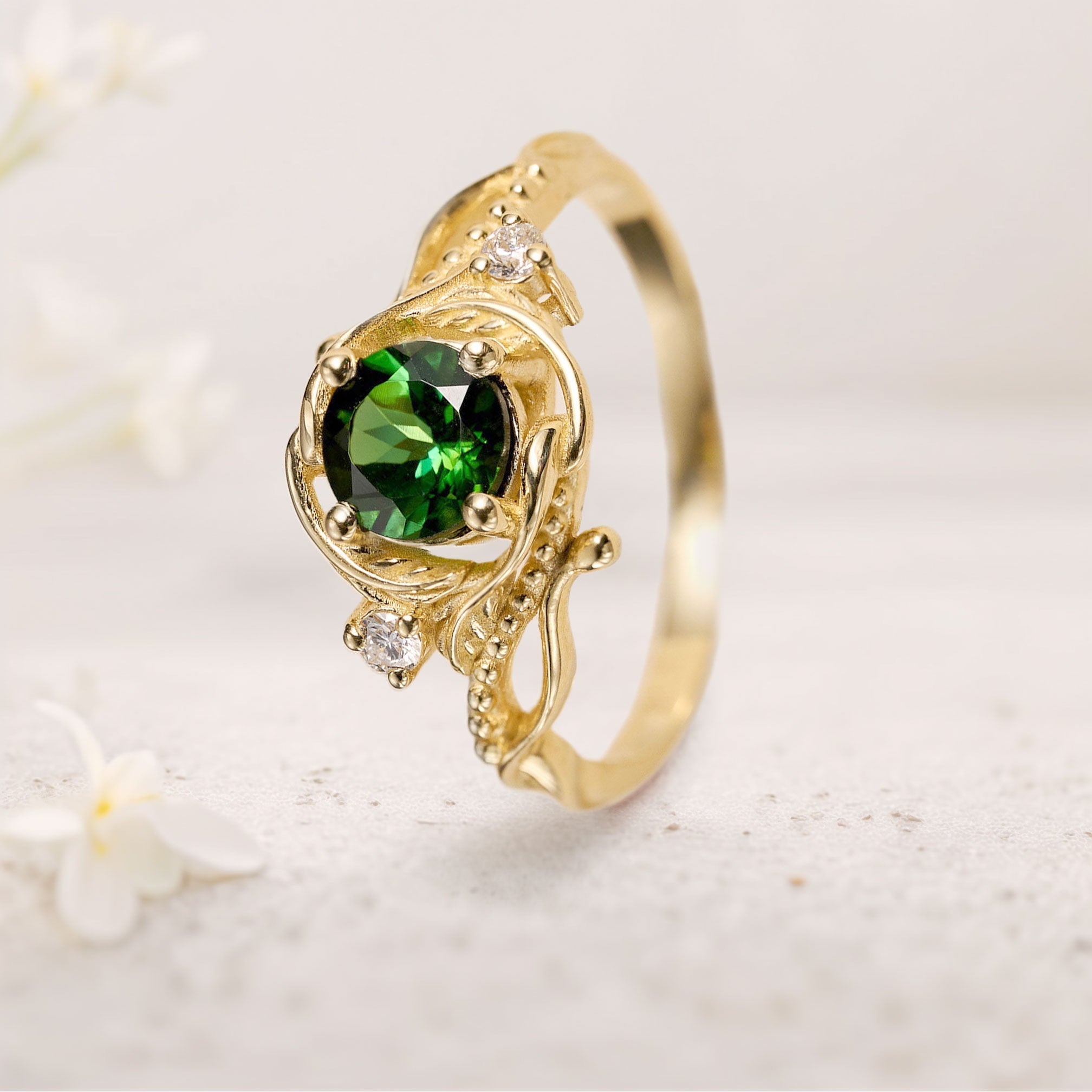 Unique floral engagement rings Round Nature Inspired Green Tourmaline 18K Yellow Gold Engagement Ring