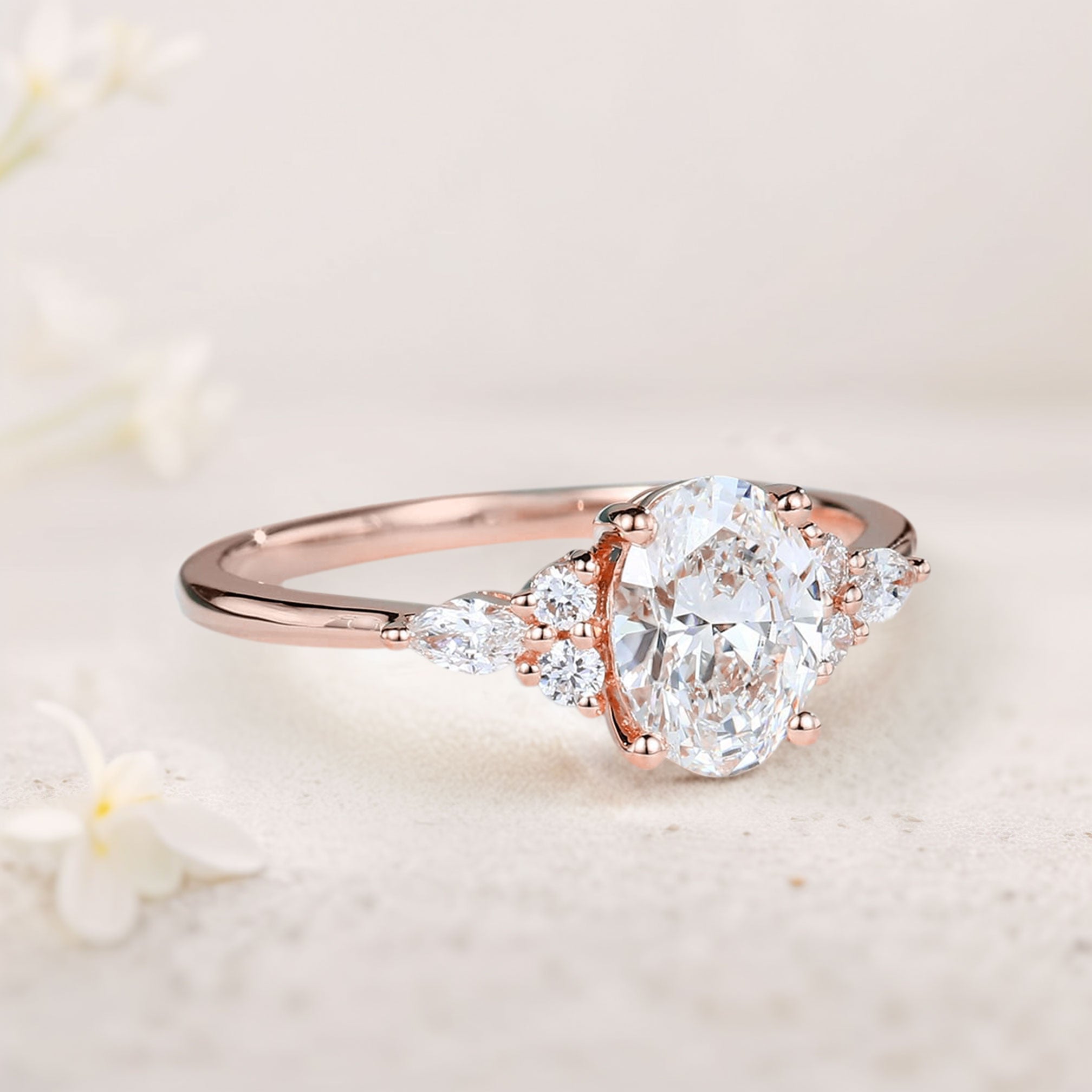 Vintage Oval Moissanite Cluster 18K Rose Gold Engagement Ring