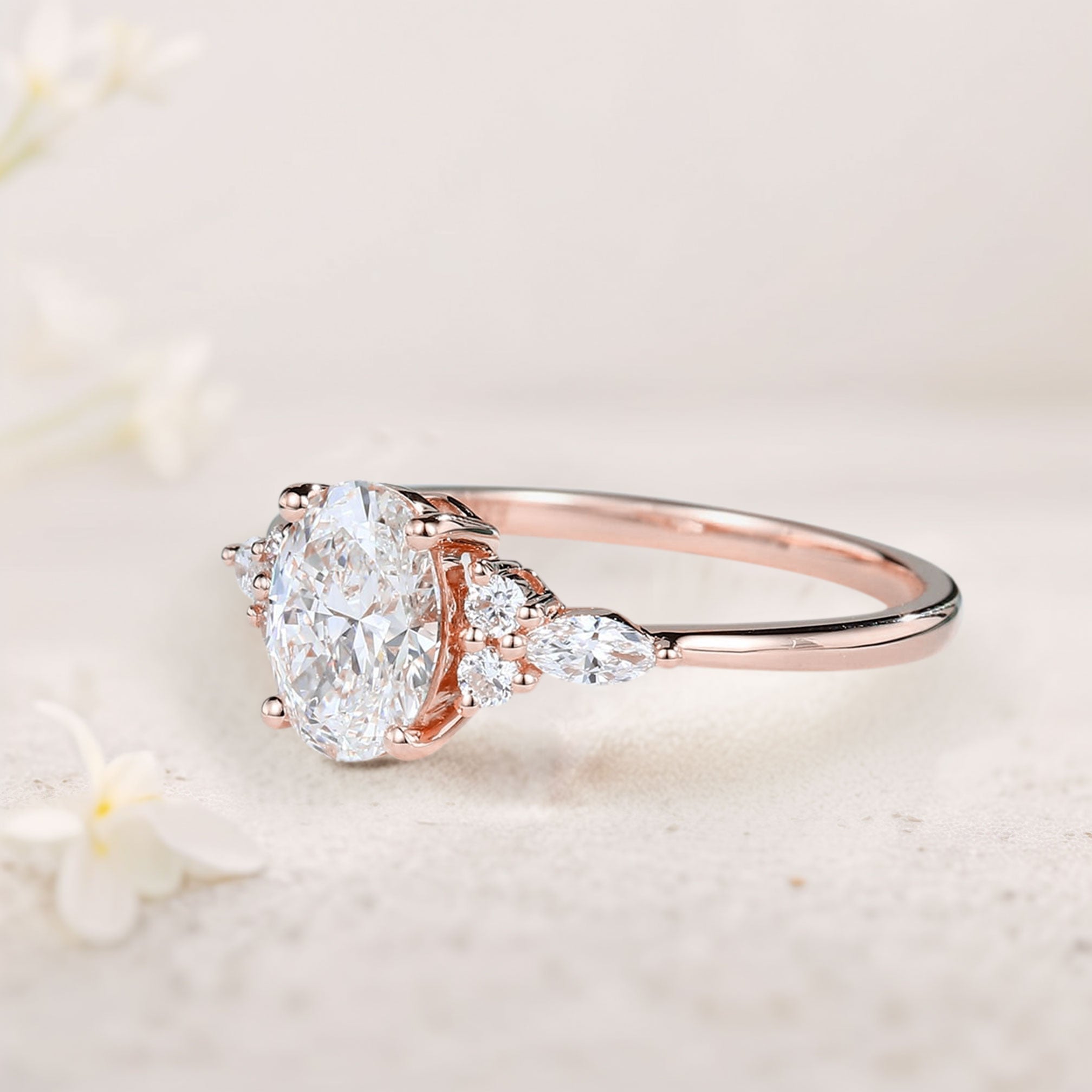 Vintage Oval Moissanite Cluster 18K Rose Gold Engagement Ring