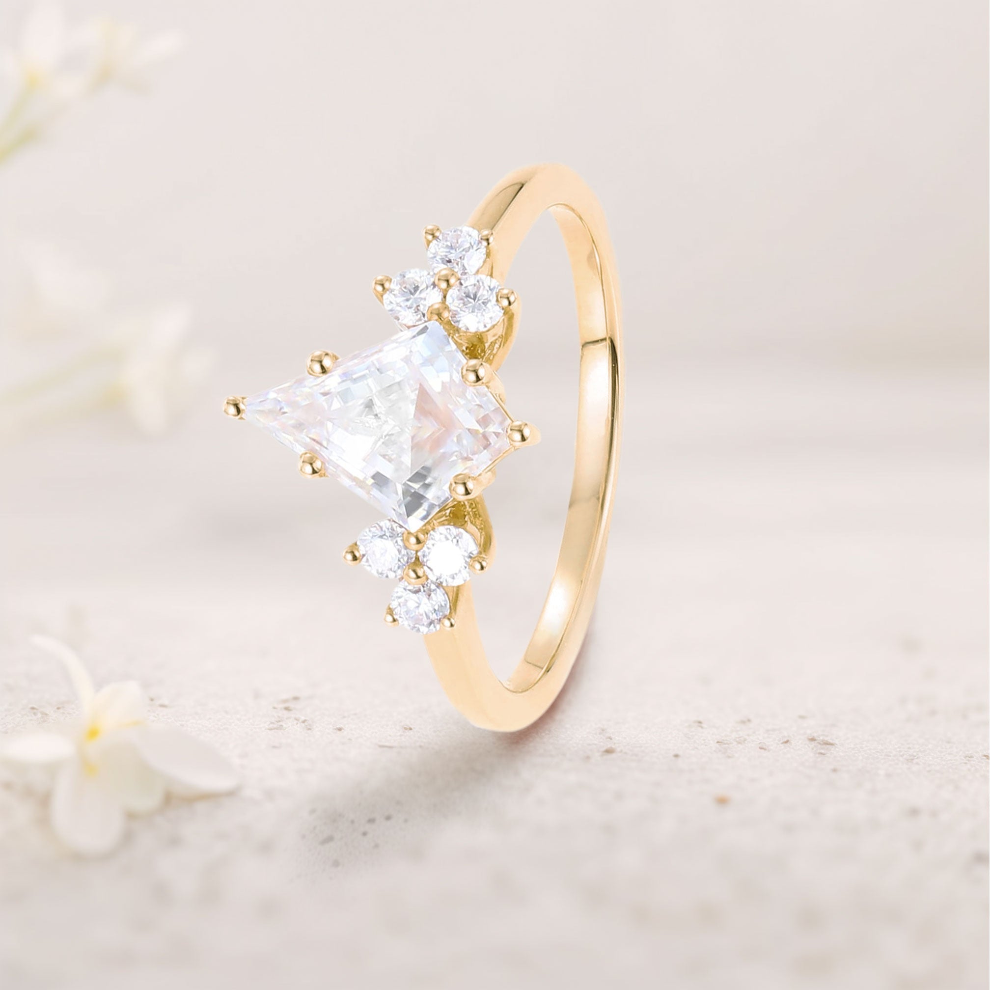 Unique Kite Moissanite 18K Yellow Gold Engagement Ring Cluster Promise Ring