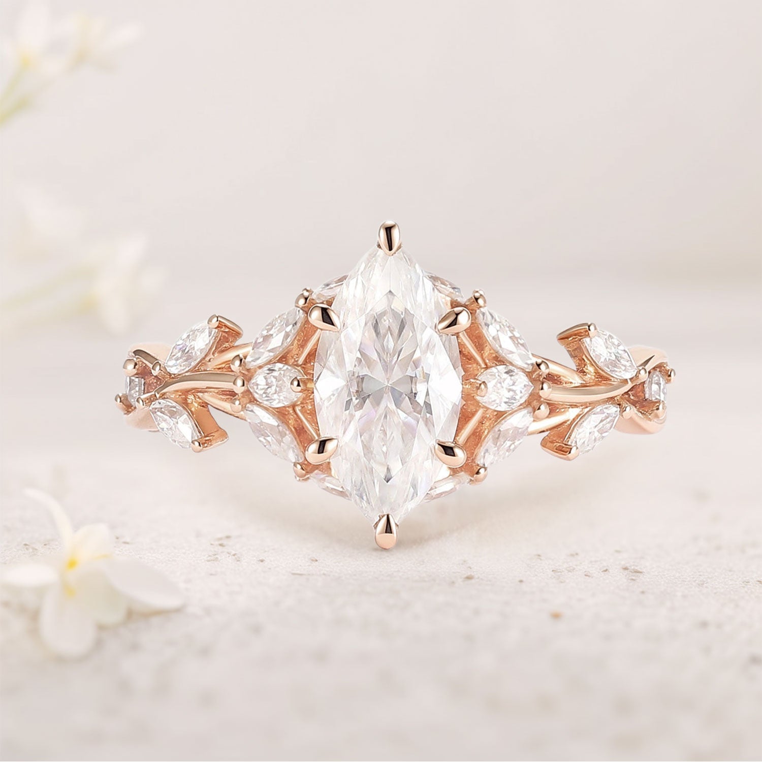 Unique Nature Inspired Marquise Moissanite 18K Yellow Gold Ring