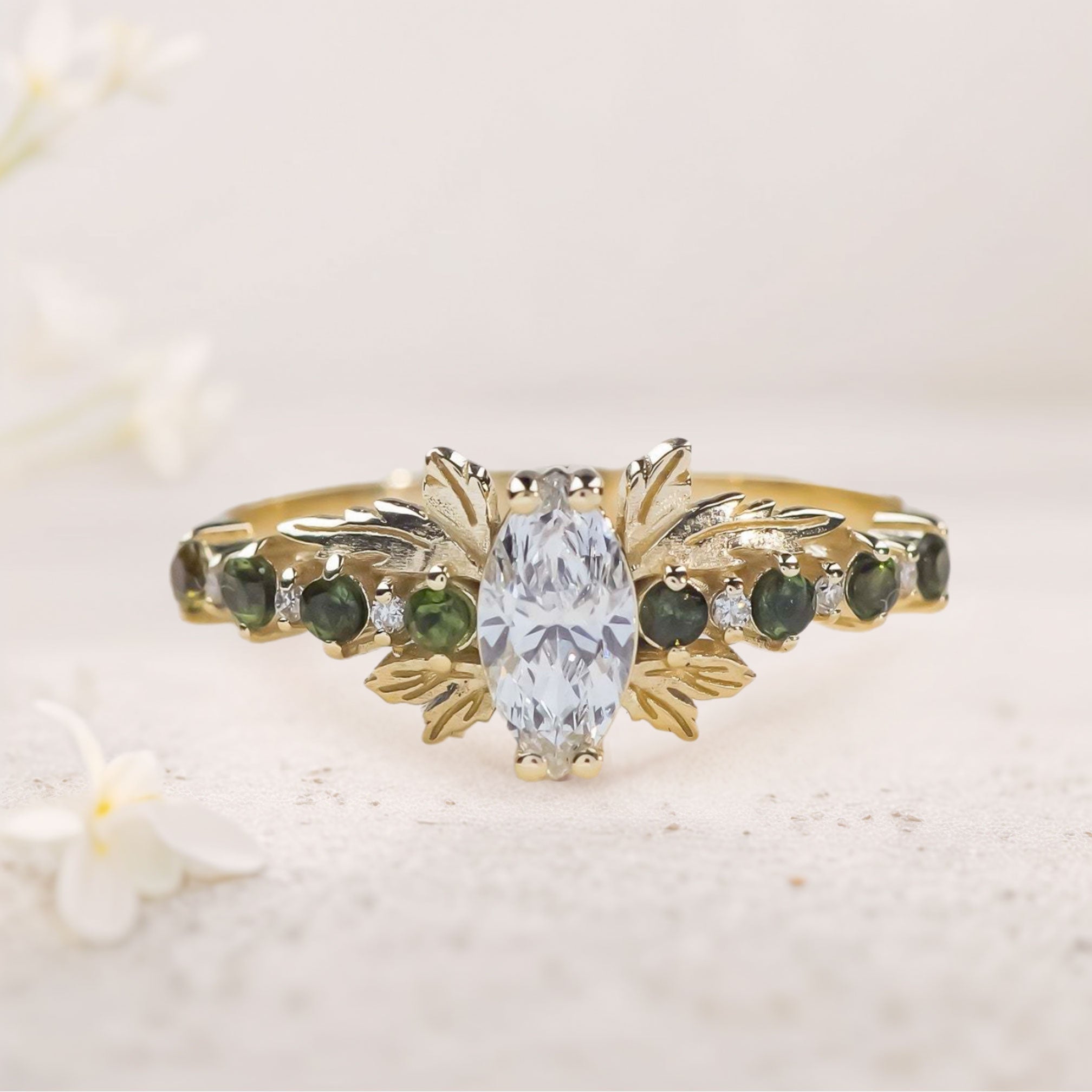 Unique floral engagement rings Marquise Moissanite and tourmalines 18K Yellow Gold engagement ring