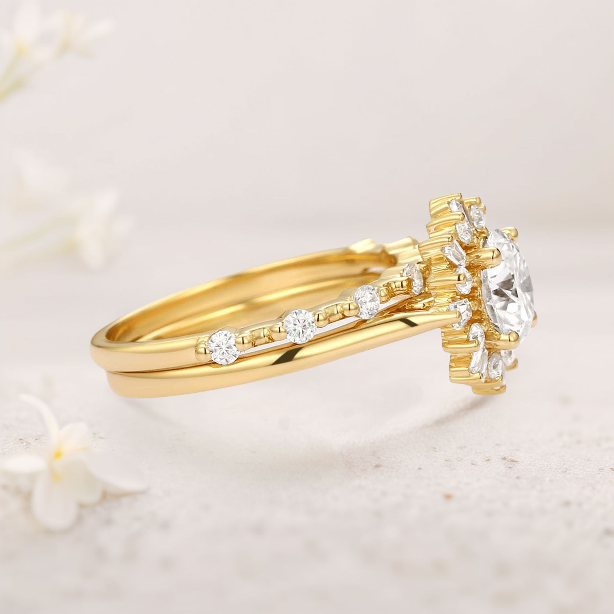 Unique floral engagement rings Round Moissanite Halo 18K Yellow Gold Floral Ring Set