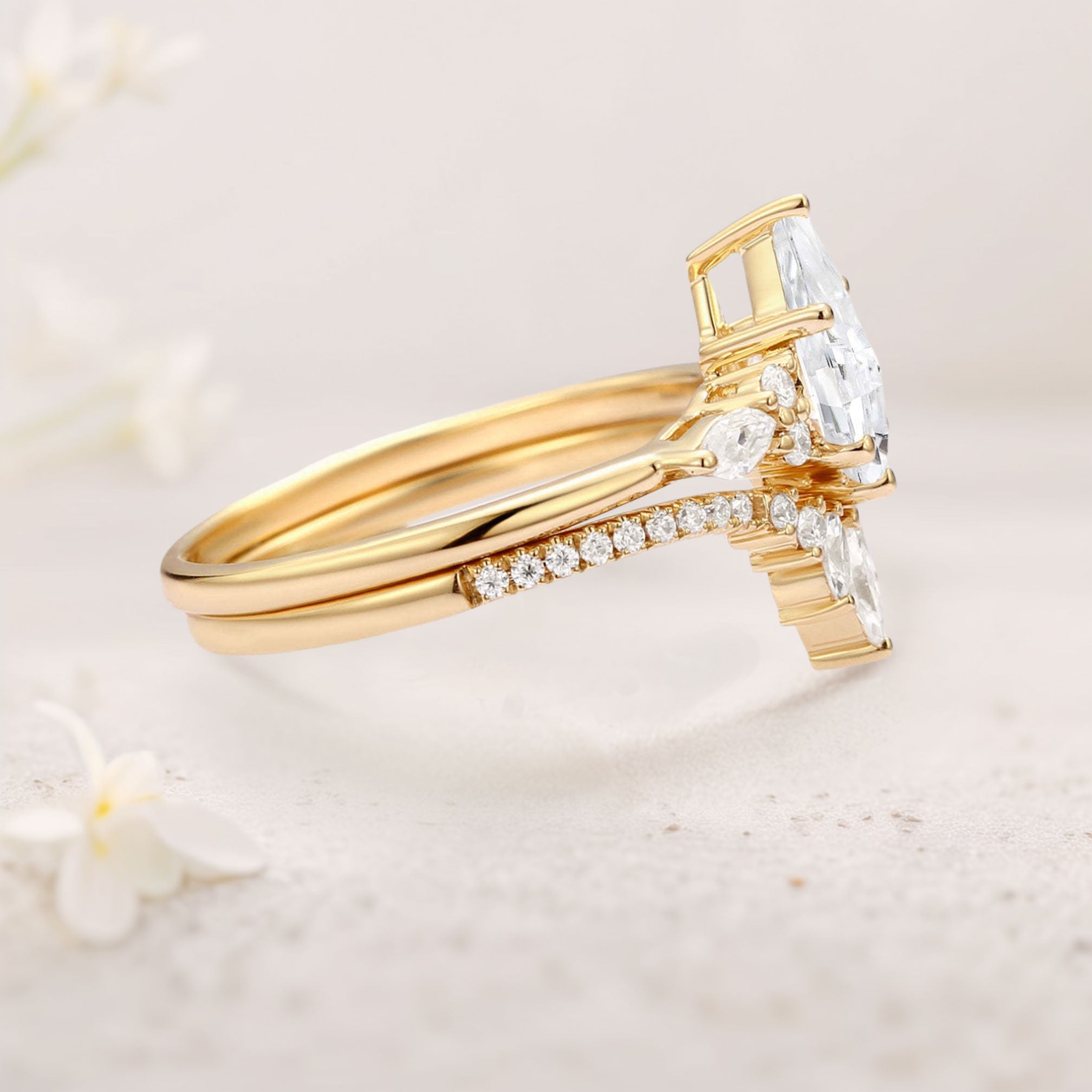 Unique floral engagement rings Kite Moissanite Classic 18K Yellow Gold Engagement Ring Set