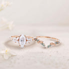 Vintage Marquise Moissanite 18K Rose Gold Engagement ring set Cluster shank leaf Bridal Set