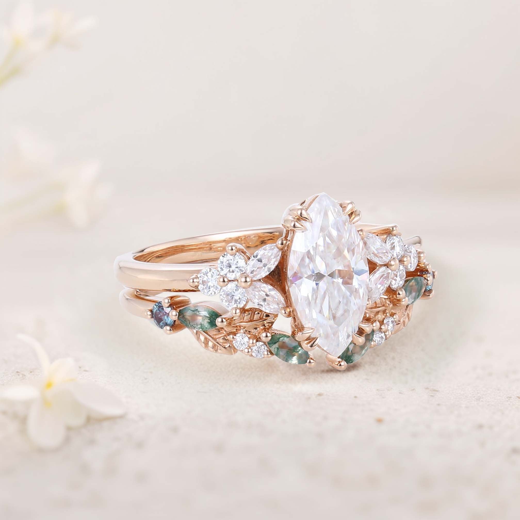 Vintage Marquise Moissanite 18K Rose Gold Engagement ring set Cluster shank leaf Bridal Set
