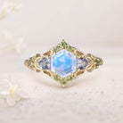 Unique floral engagement rings Three Stone Hexagon Lab Moonstone and Blue sapphire 18K Yellow Gold Leaf Ring