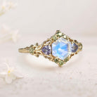 Unique floral engagement rings Three Stone Hexagon Lab Moonstone and Blue sapphire 18K Yellow Gold Leaf Ring
