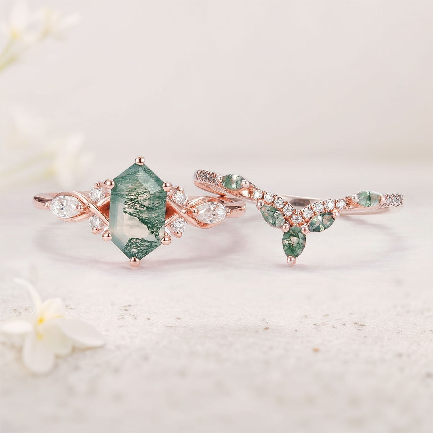 Vintage Nature Hexagon Cut Moss Agate Five Stone 18K Rose Gold Ring Set