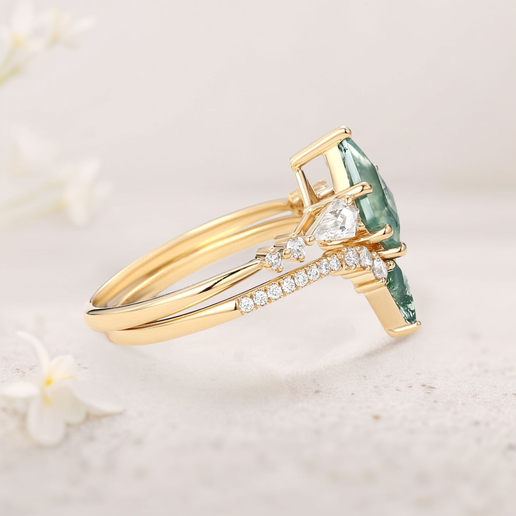 Unique floral engagement rings Twin Flames Kite Moss Agate 18K Yellow Gold Wedding Ring Set