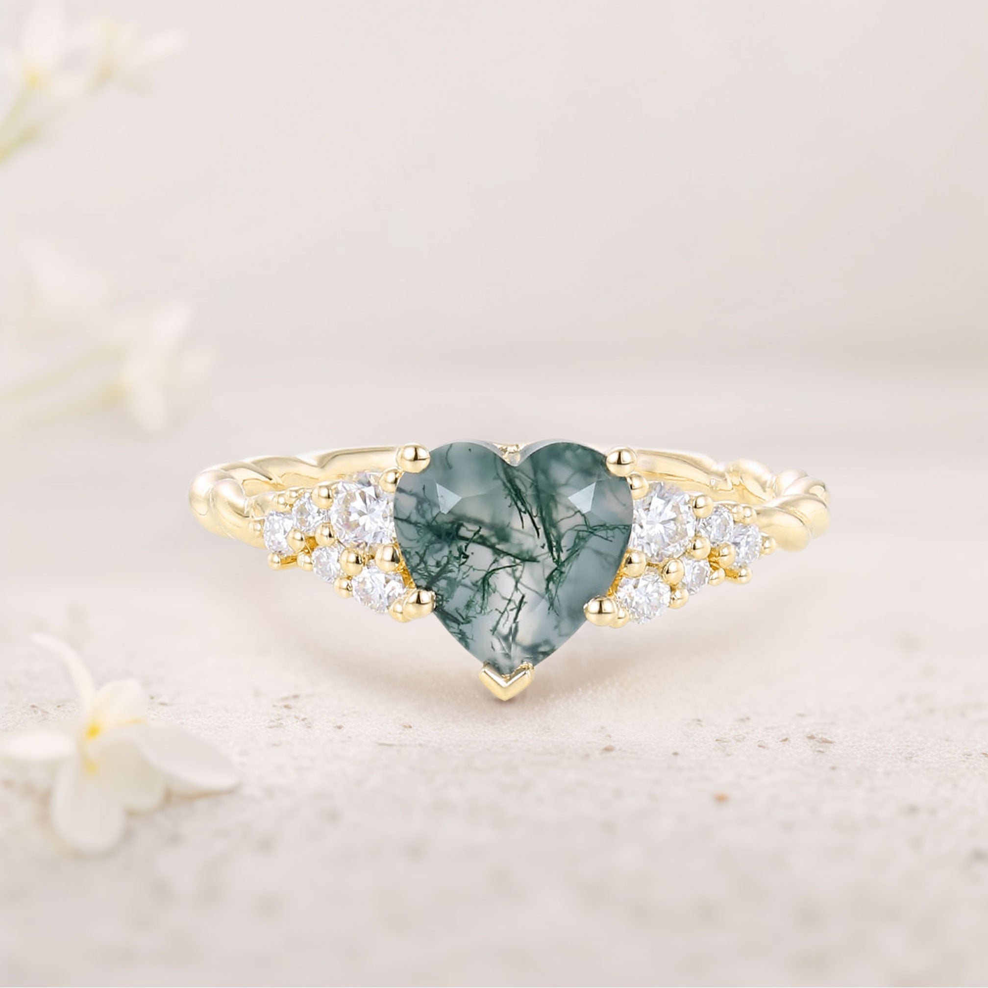 Unique Heart Cut Moss Agate Cluster 18K Yellow Gold Engagement Ring Twisted Promise Ring